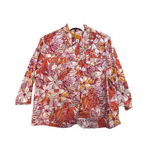 Ruby Rd Blouse Womens 24W Red Orange Floral Button Front Beaded Cotton Jacket‎